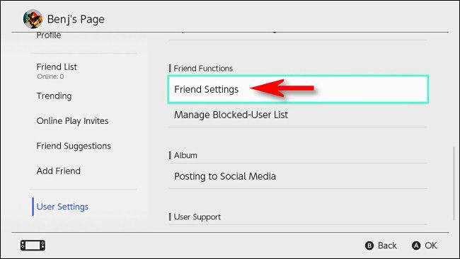In Switch User Settings, select "Friend Settings."