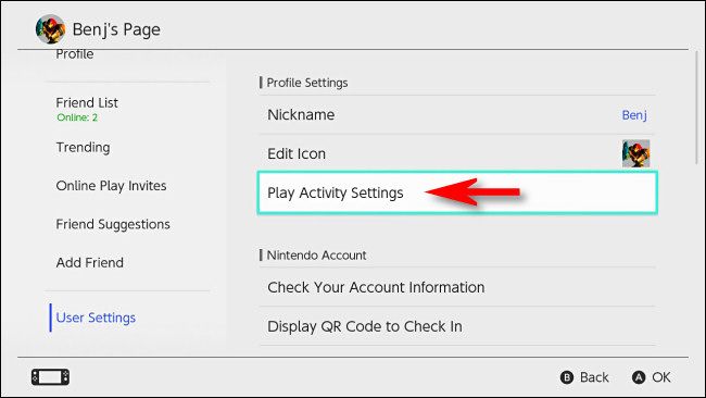 In Nintendo Switch User Settings, select "Play Activity Settings."