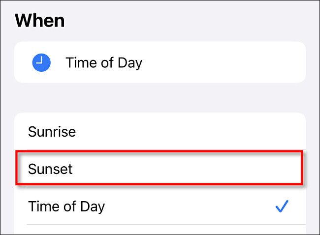 In iPhone Shortcuts, tap "Sunset."