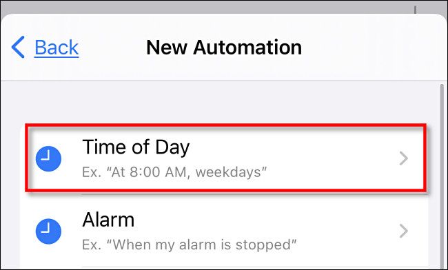 In iPhone Shortcuts, tap "Time of Day."