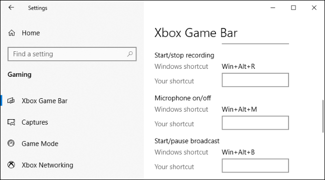 The Settings &gt; Gaming &gt; Xbox Game Bar window on Windows 10.