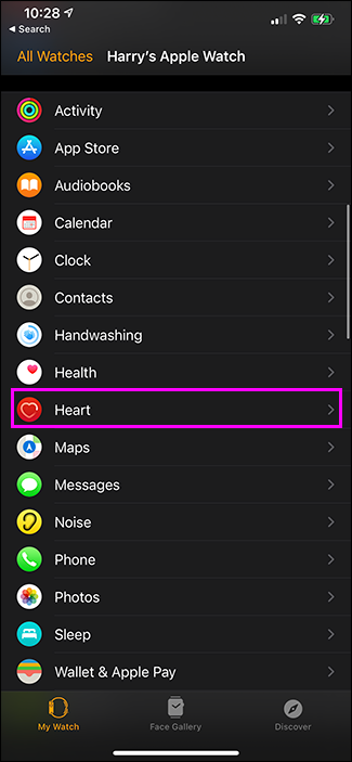 watch app with heart option highlighted