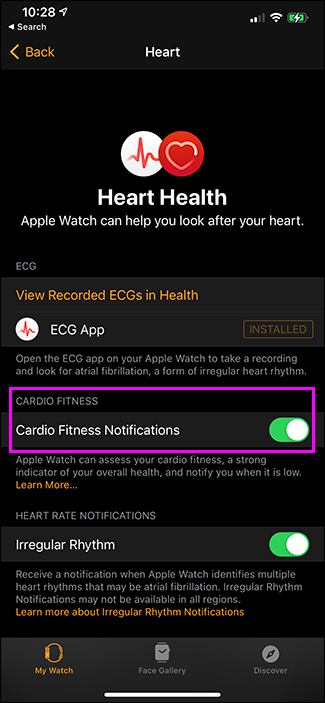 cardio fitness notifications toggle