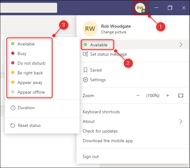 The status options in Microsoft Teams