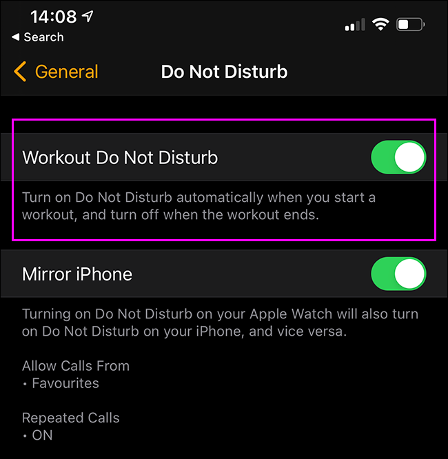 screenshot showing workout do not disturb on