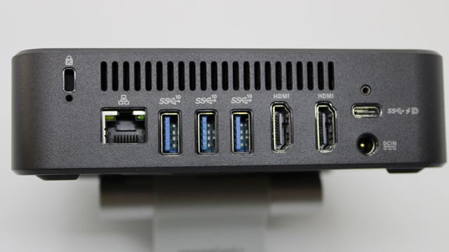Image of Chromebox 4's rear panel showing USB-A and USB-C ports, Ethernet port, and Kensington lock port