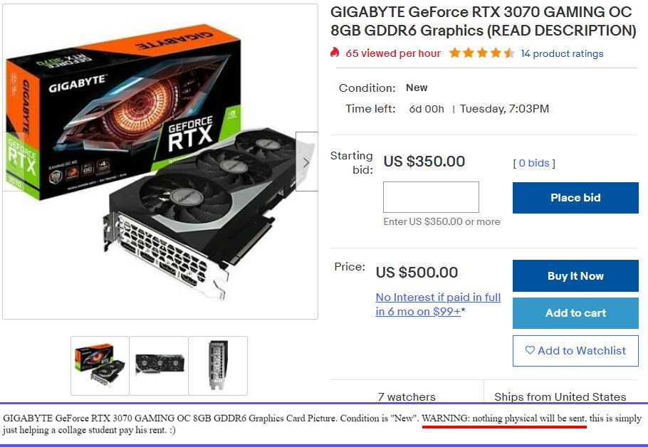 Fraudulent eBay listing for an NVIDIA graphics card