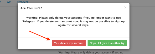 Click Yes Delete My Account on Telegram Website