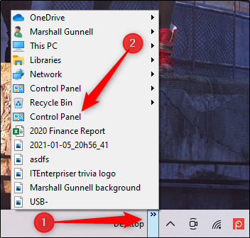 Control panel in desktop toolbar
