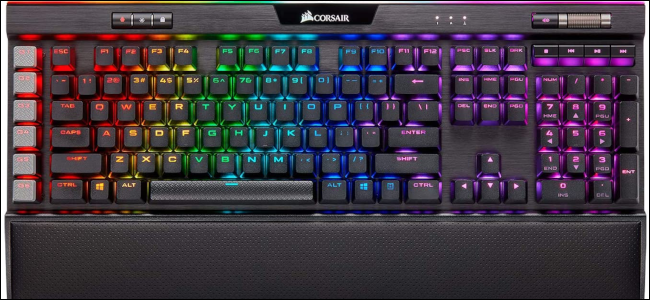 The Corsair K95 computer with a black chassis and RGB per-key lighting