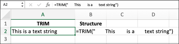To use the TRIM function in Excel with a text string, use the formula =TRIM("text"), replacing "text" with your own text string.