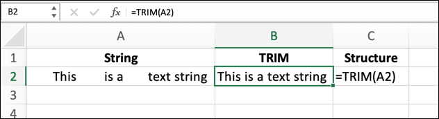 To use the TRIM function in Excel using a cell reference, use the formula =TRIM(A2), replacing A2 with your own cell reference.