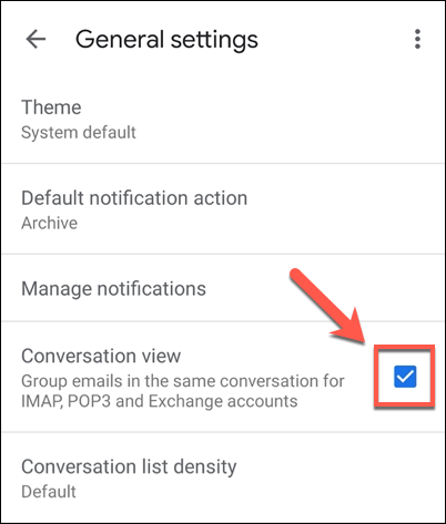 In the "General Settings" menu in the Gmail app (or in the individual settings menu for an email account), tap the "Conversation View" checkbox to disable the feature.