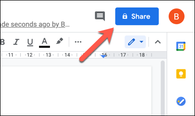 Press "Share" in a Google Docs document to access share settings.