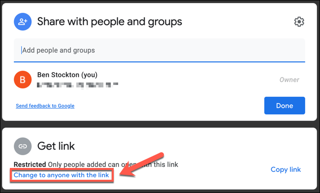 Press the "Change to anyone with the link" option to set sharing options by document URL access.