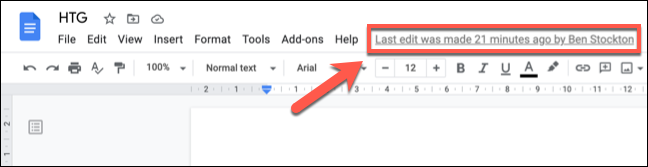 Click the "Last Edit" link at the top of a Google Docs document to view the version history.