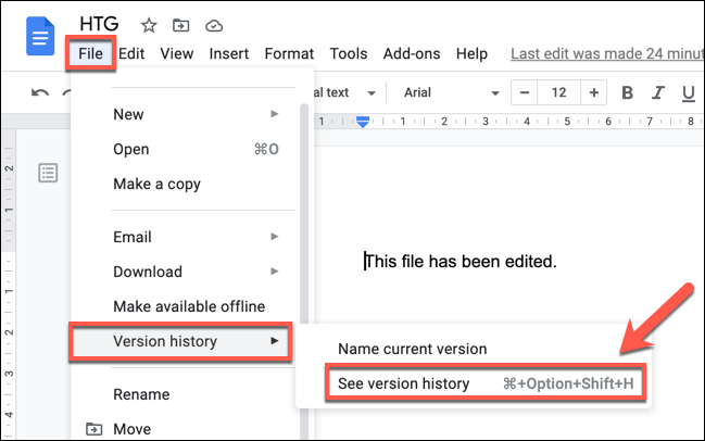Press File > Version History > See Version History to view the version history of a Google Docs document.