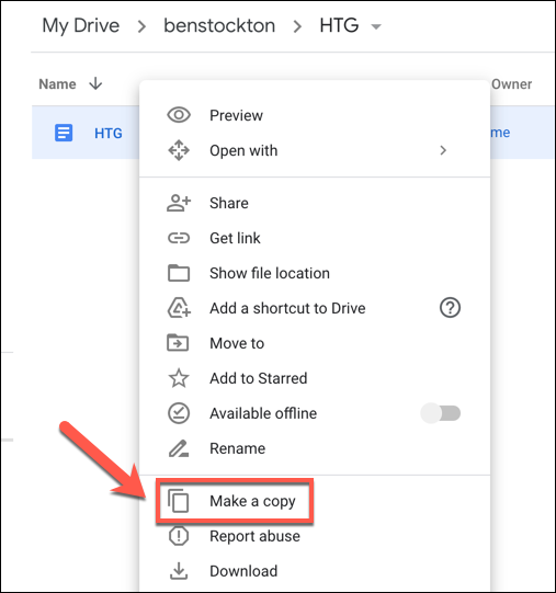 To copy a file, right-click the file in Google Drive and press the "Make a Copy" option.