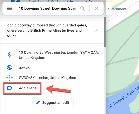 After searching for a location in Google Maps, scroll down the information panel on the left and press the "Add A Label" option.