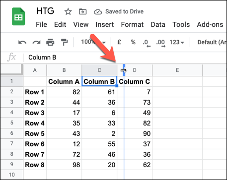To resize a column or row, hover over a column border. Using your mouse, hold down and move the border to a new position, letting go once the new border is in place.