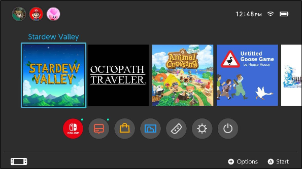 Home screen on Nintendo Switch