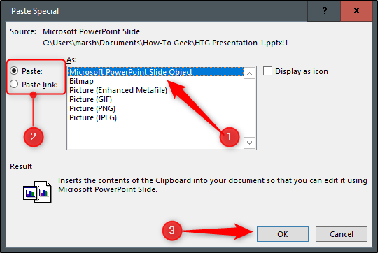 Options to link or embed to PowerPoint slide