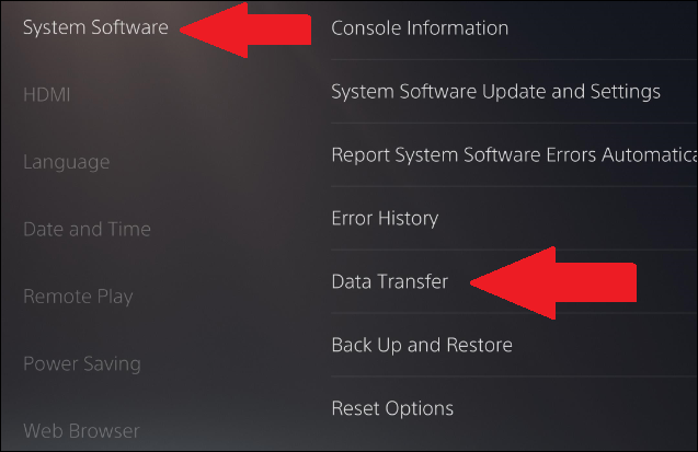 where to find data transfer in ps5 settings