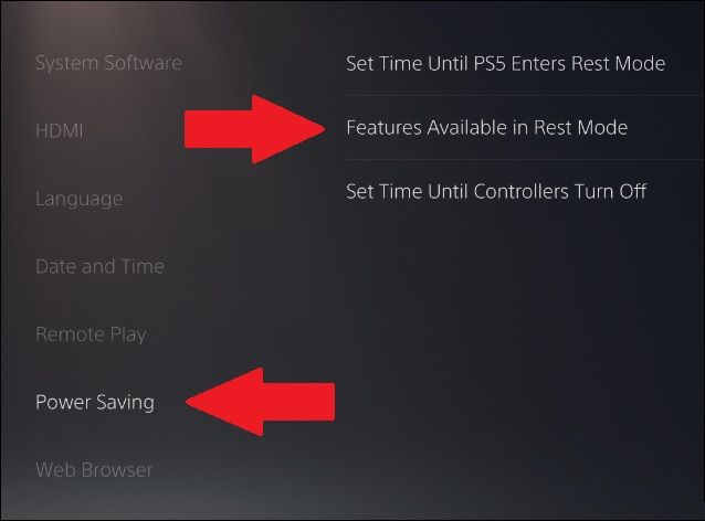 power saving features in rest mode in PS5 settings