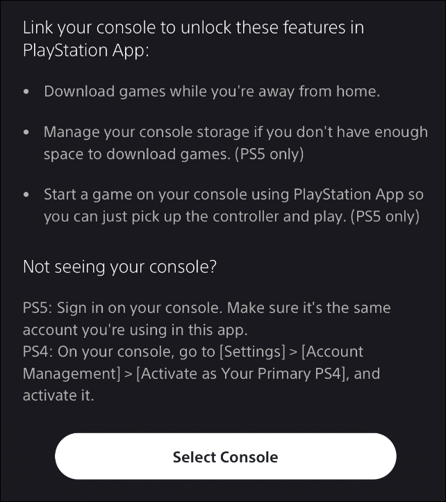 playstation app link console list