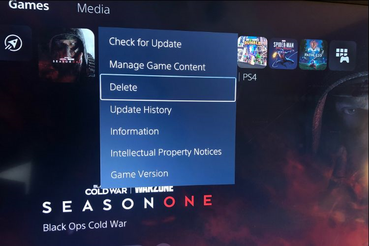 where to find the delete option for a ps5 game