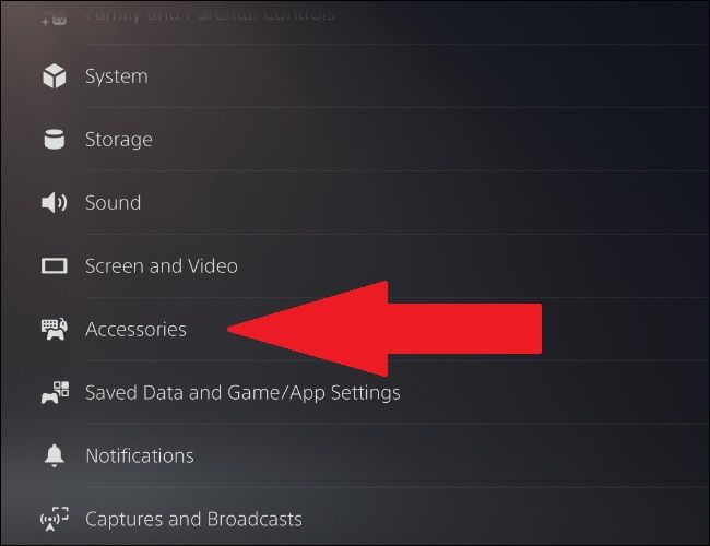 where to find accessories in PS5 settings menu