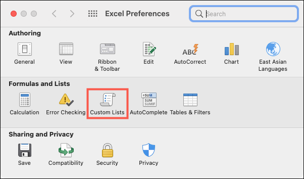 Click Excel, Preferences, Custom Lists