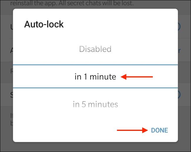 Select Auto Lock time and tap Done in Telegram for Android