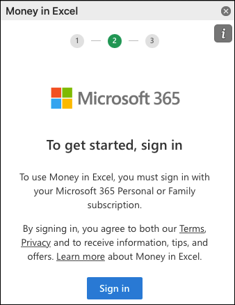 Sign into Money in Excel