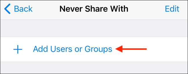Tap Add Users from Never Share With in Telegram for iPhone