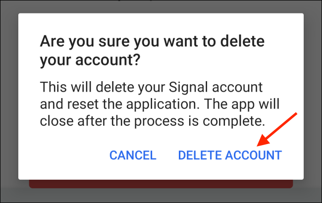 Tap Delete Account from Popup to Shut down Signal Account on Android