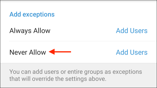 Tap Never Allow from Telegram on Android