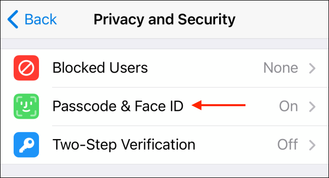 Tap Passcode and Face ID in Telegram for iPhone