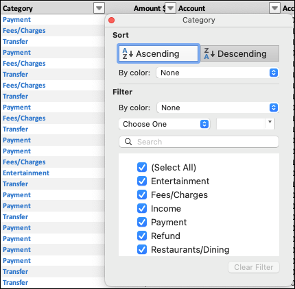 Sort or Filter transactions