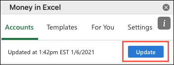 Click Update in the Money in Excel pane