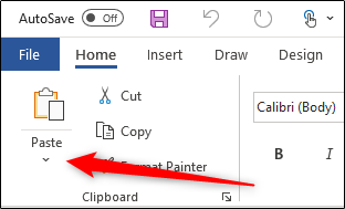 down arrow under paste option