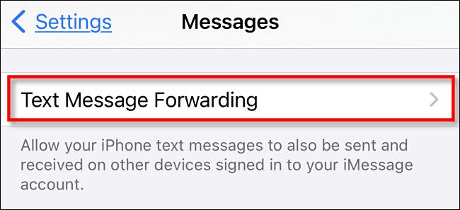 In iPhone Messages settings, tap "Text Message Forwarding."
