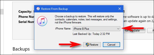 In iTunes, select a backup from the menu, then click 