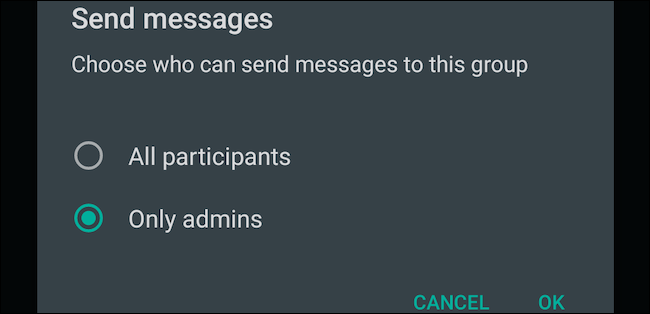 Select Only Admins setting for WhatsApp group messages