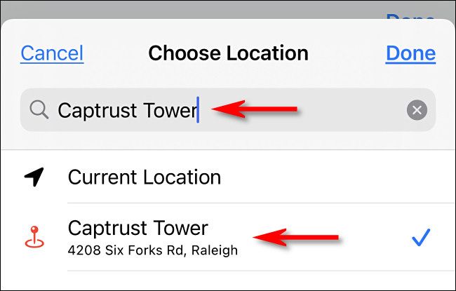 Search for a destination address, then tap it in the results list.