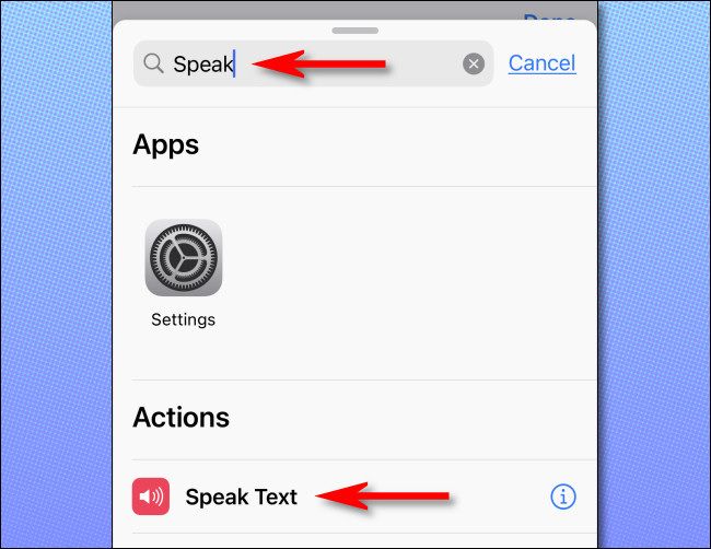 In the actions panel, search for "speak," then select "Speak Text."