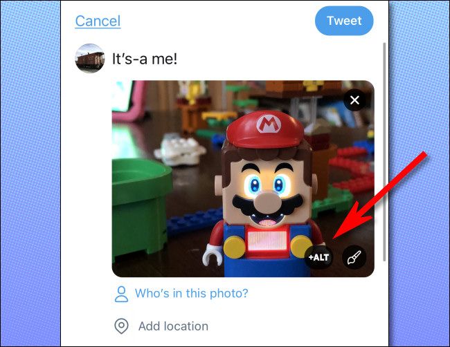 In Twitter, tap the "+ALT" button to add an alt-text description to your image.