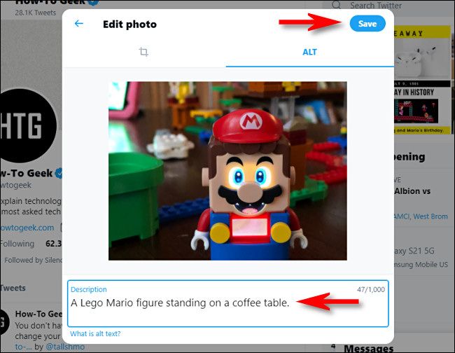 On the Twitter website, enter an alt-text description below the image, then click "Save."