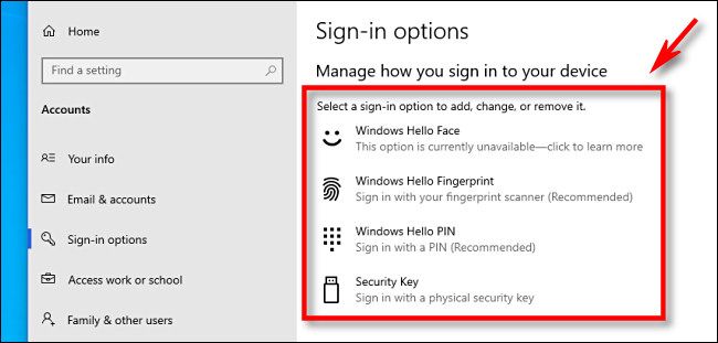 Windows Hello sign-in options as seen in Windows 10 Settings.