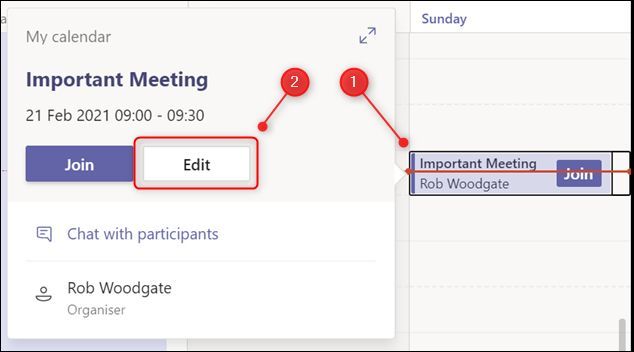 The Edit button for a meeting in the Teams calendar.